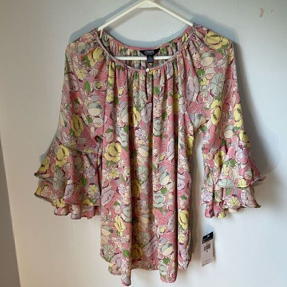 CHAPS Ralph Lauren NWT Gauzy Floral Poet Blouse w Ruffle Tiered Bell Sleeves, M - Picture 6 of 14